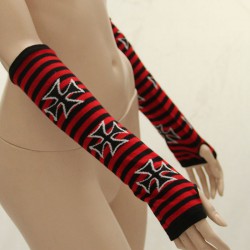 Paire de mitaines longues rayées noir et rouge croix gothique